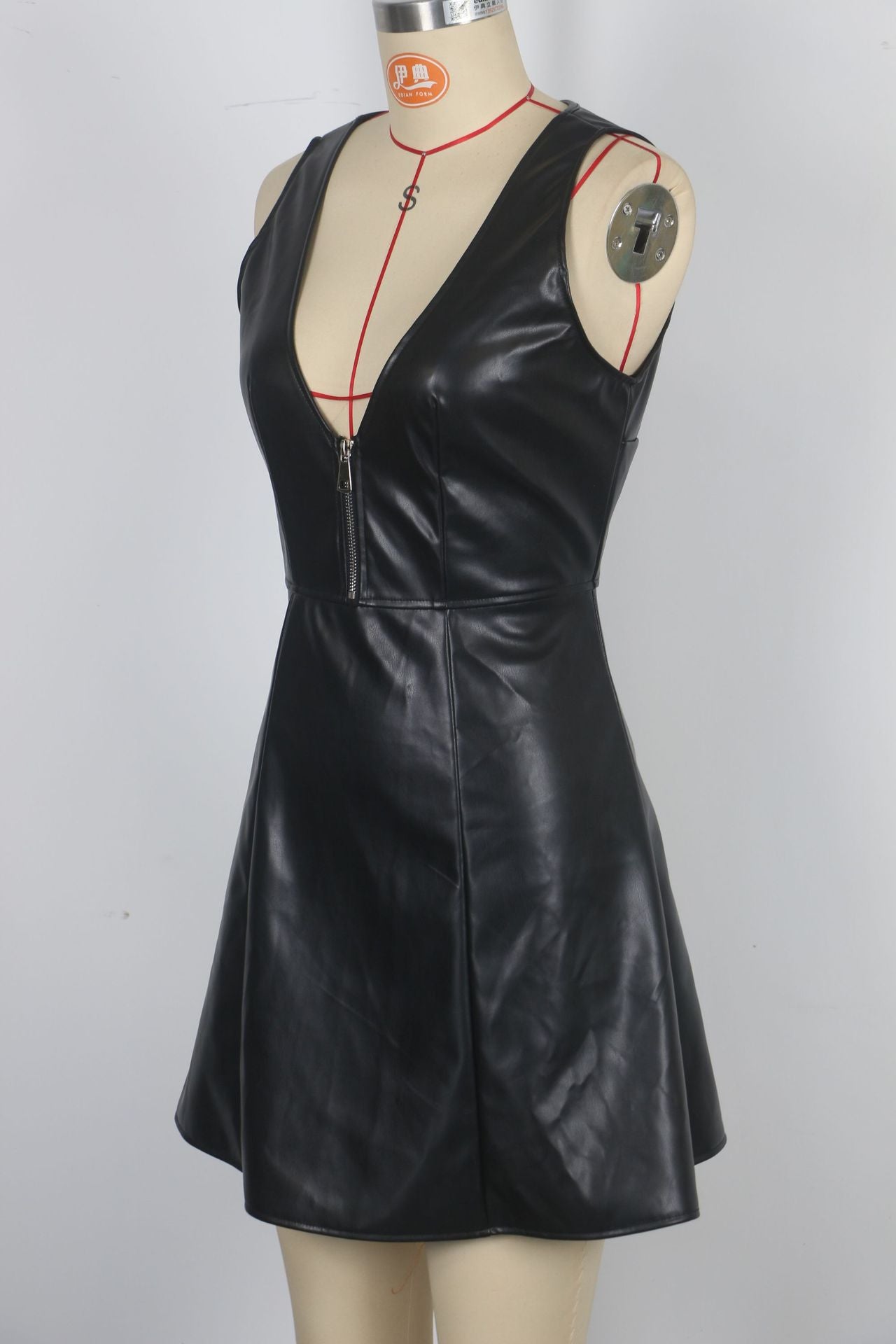 Women Skirt V neck Backless Sexy Dress A line Skirt Waist Tight Faux Leather Dress
