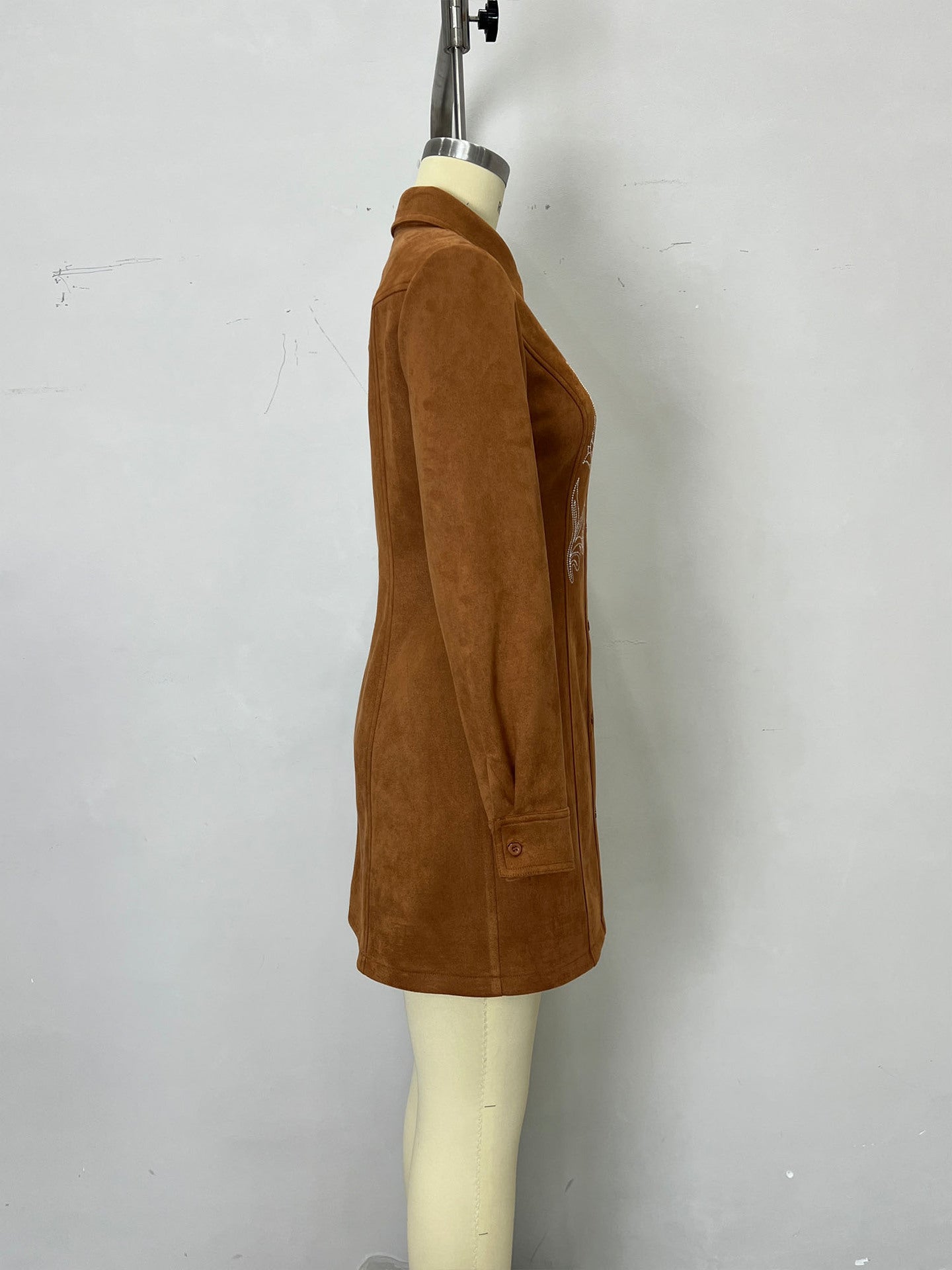 Women Autumn Winter Collared Single Row Multi Buckle Embroidered Suede Long Sleeved Shirt Mid Length Dress