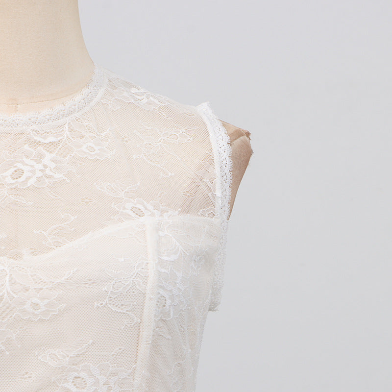 Women Elegant High Grade Dress Summer Lace Embroidered Mesh Stitching Sleeveless Dress