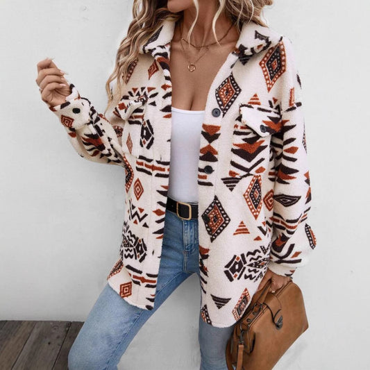 Popular Plush Collared Casual Cardigan Patch Pocket Button Coat Women