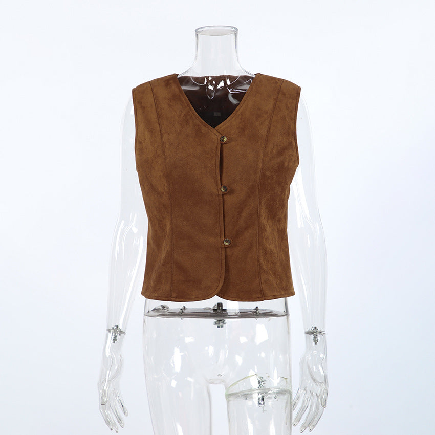 Autumn Women Clothing Coat Suede Matte Casual Short Retro British V neck Bandage Vest
