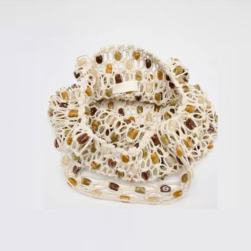 Summer Casual Beaded Bag Women Special Interest High Sense Woven Bag Plaid Hollow Out Cutout Wooden Bead Beach Bag