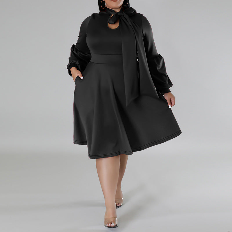 Plus Size Women Scarf Long Sleeved Bubble Sleeve Mid Length Dress