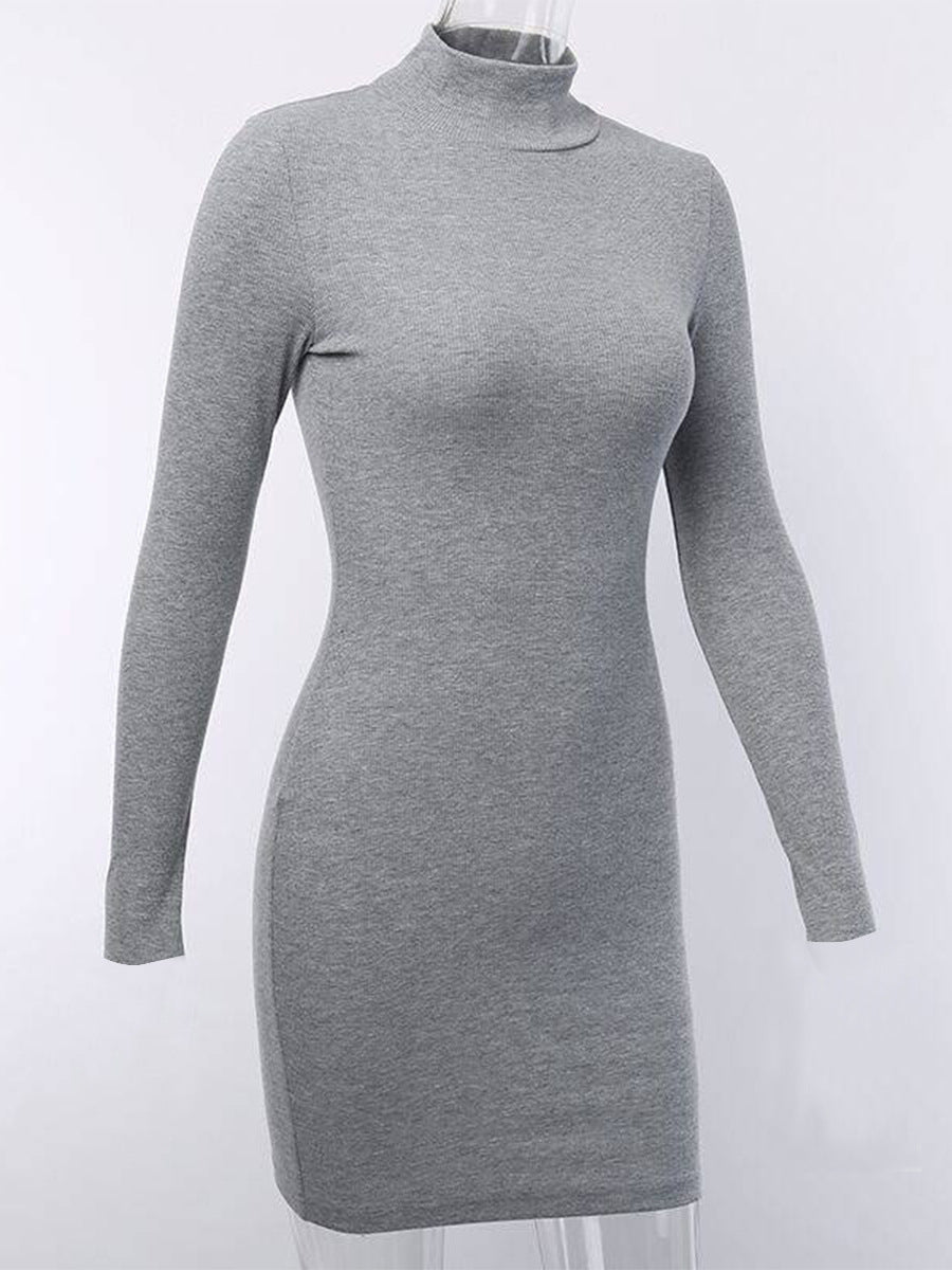 Winter Women Sexy Slim Knit Rib Half High Collar Long Sleeves Short Dress