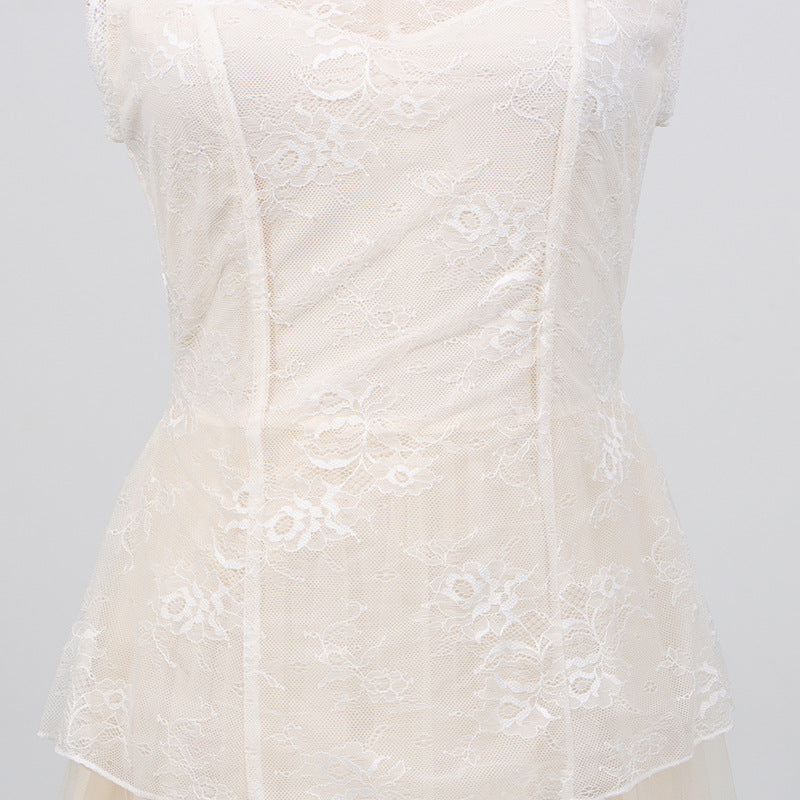 Women Elegant High Grade Dress Summer Lace Embroidered Mesh Stitching Sleeveless Dress