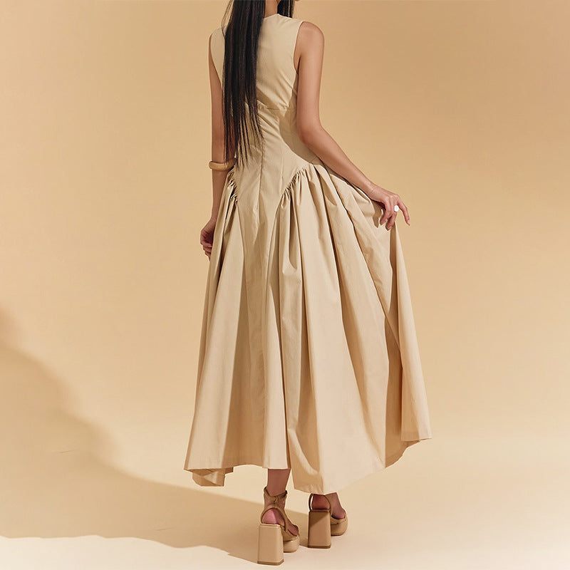 Retro Cami Dress Early Spring Solid Color Sleeveless Elegant Stitching Ruffled Dress Women