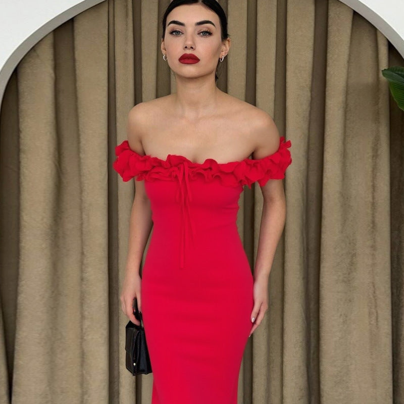 Summer Women Clothes off Neck Wooden Ear Stitching Tied Slim Tube Top Dress Women