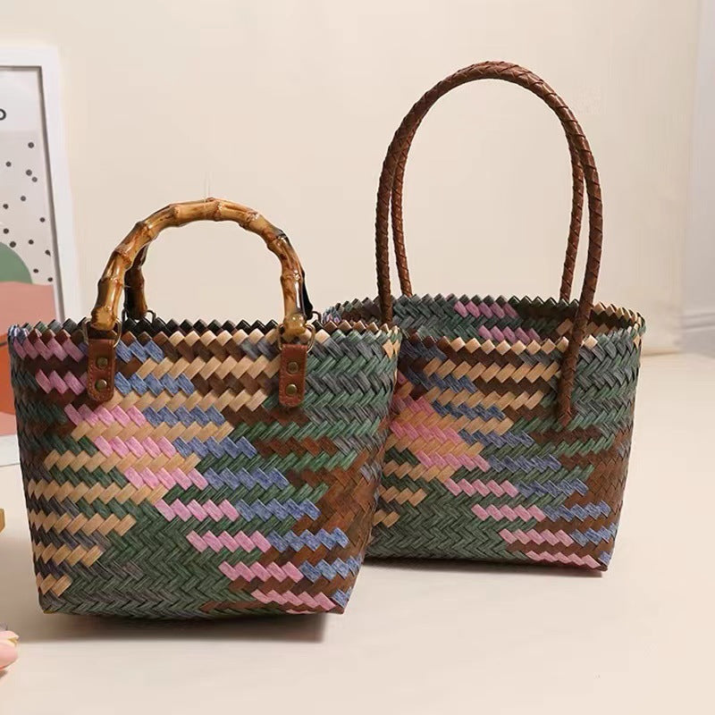 Retro Color Portable Straw Weaved Bag Square Hand Woven Bag Vacation Beach Bag Women Bag