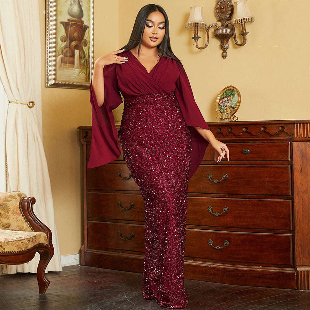 plus Size Sexy Long Sequined V neck Long Sleeve Cocktail Evening Dress Bridesmaid Dress Dress Women