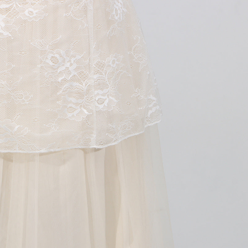 Women Elegant High Grade Dress Summer Lace Embroidered Mesh Stitching Sleeveless Dress