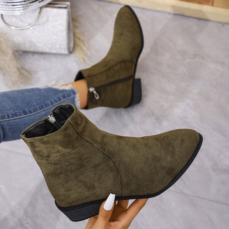 Short Side Zipper Martin Boots Women Single Boots Suede Thick Heel with British Skinny Boots
