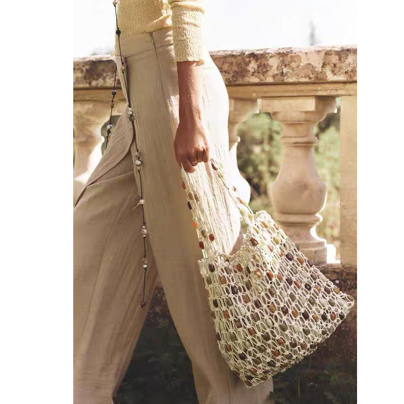 Summer Casual Beaded Bag Women Special Interest High Sense Woven Bag Plaid Hollow Out Cutout Wooden Bead Beach Bag
