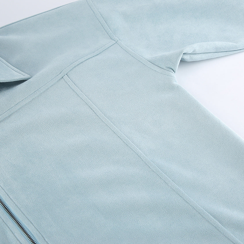 Retro Leather Coat Women Niche Blue Cool Feeling High Street Fashionable Zipper Autumn Winter Suede Jacket