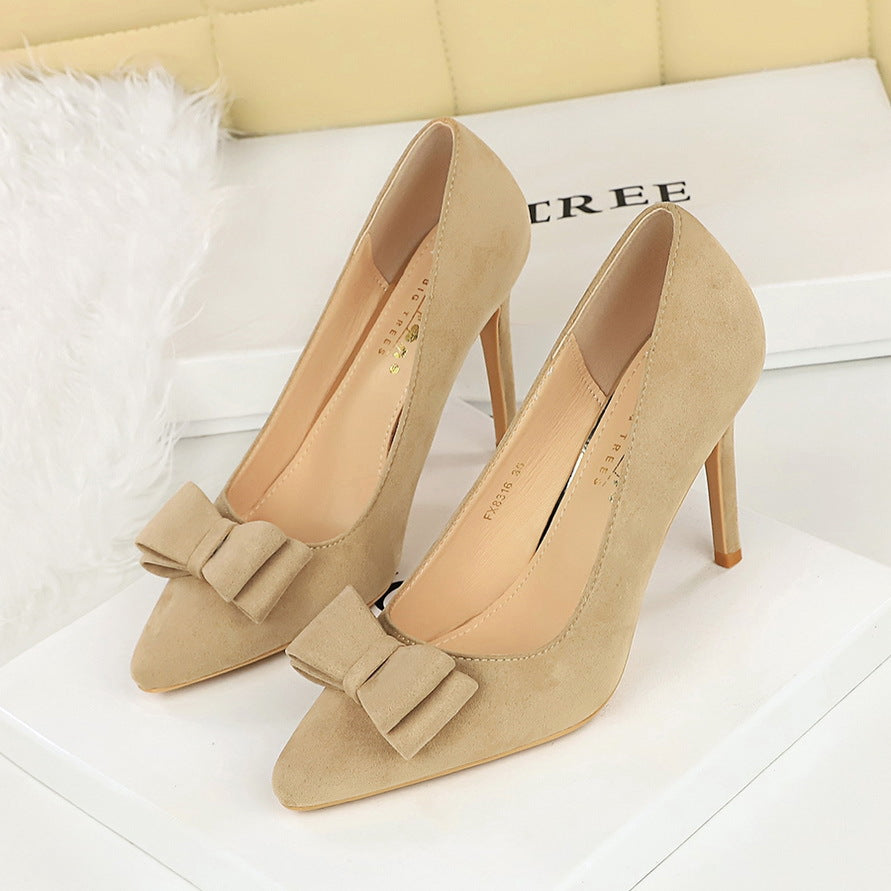 Cocktail High Heels Stiletto Heel Shallow Mouth Suede round Toe Bow High Heel Pumps Women Shoes