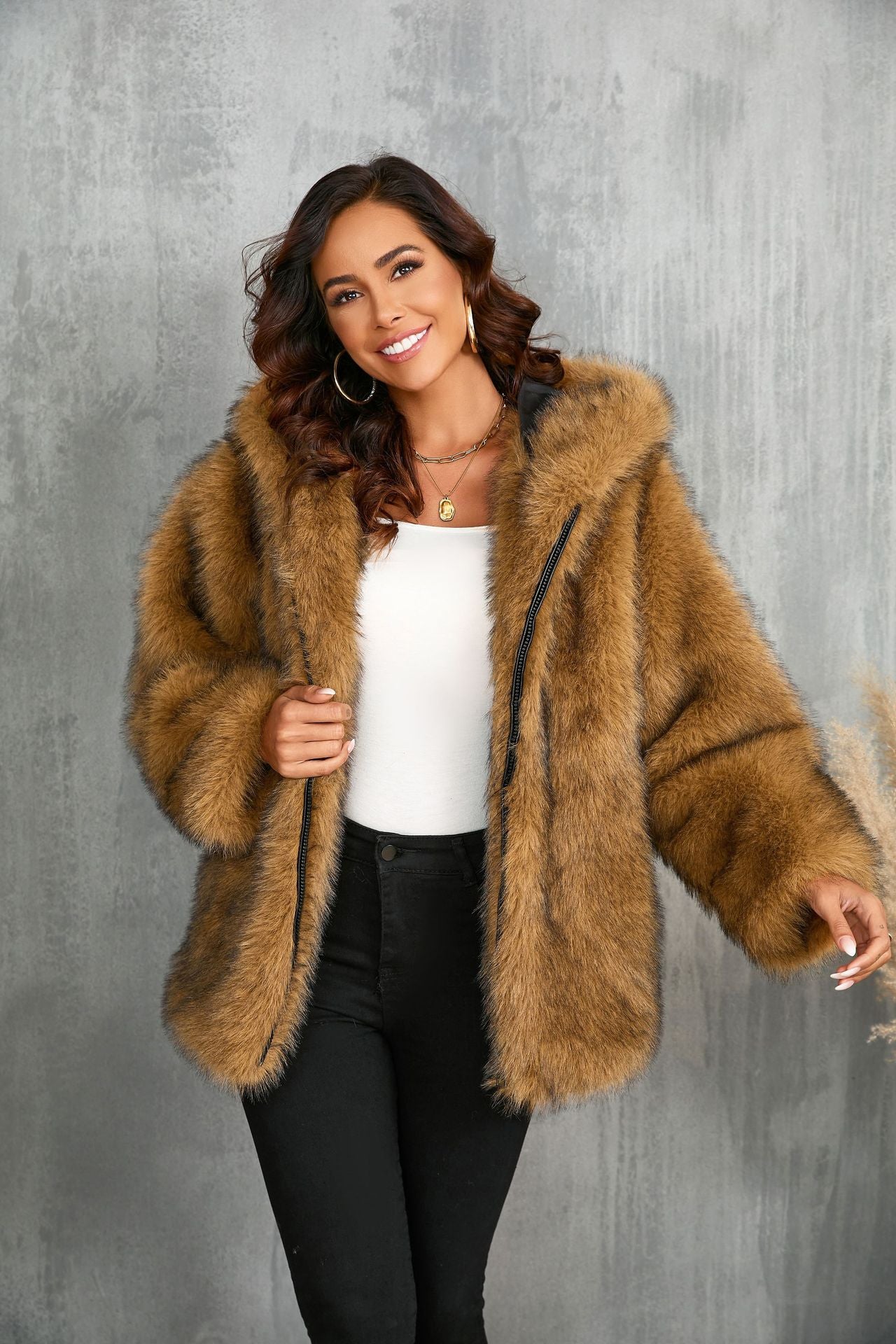 Faux Fur Coat Solid Color Loose Hooded Short Fur Collar Coat Winter Coat Warm Winter Clothing