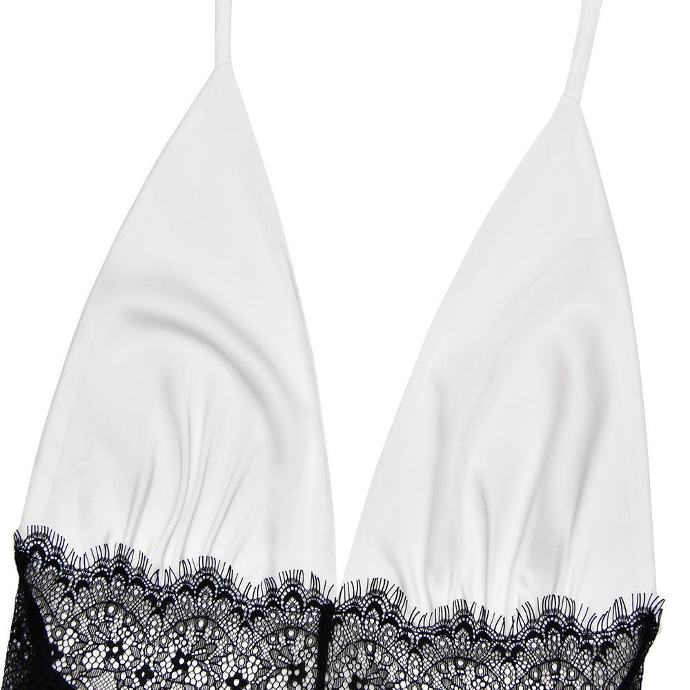 Summer Elegant Deep V Plunge Silky Satin Dress Stitching Halter Waist Tight Sexy Dress