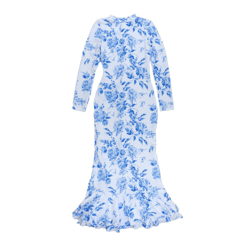 Half High Collar Long Sleeves Printed Fishtail Dress Women Autumn Sexy Dress