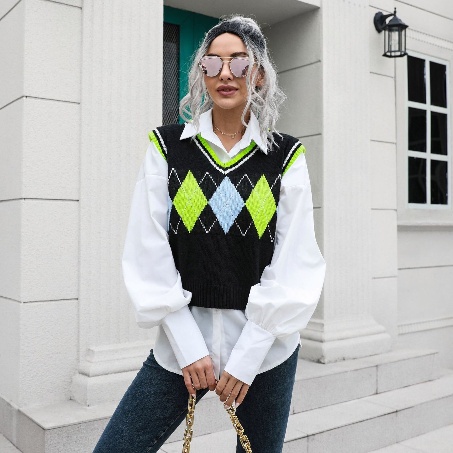 Rhombus V-neck Plaid Vest Sweater Women Vest Outer Wear Inner Wear Autumn Winter Knitwear Sweater