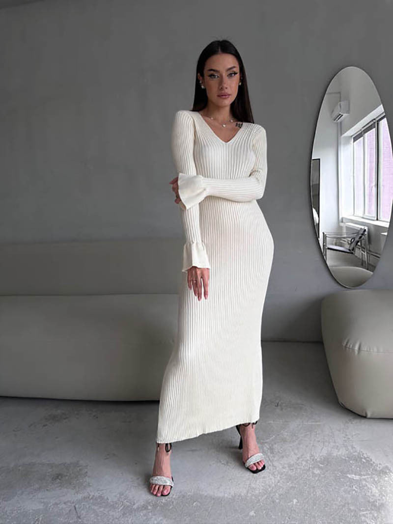 Long Sleeve V neck Tight Knitted Dress Solid Color Rib Fabric Wool Long Autumn Winter Dress