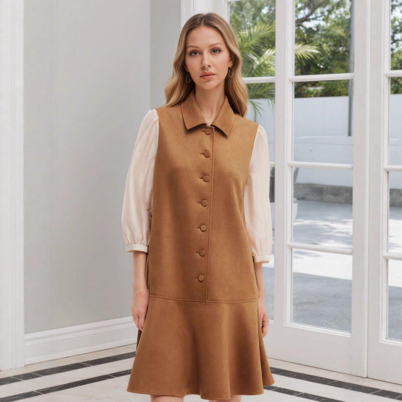 Fashionable Elegant Girls Autumn Suede Spun Yarn Slimming Short Cropped Puff Sleeve Waist Slimming Dress