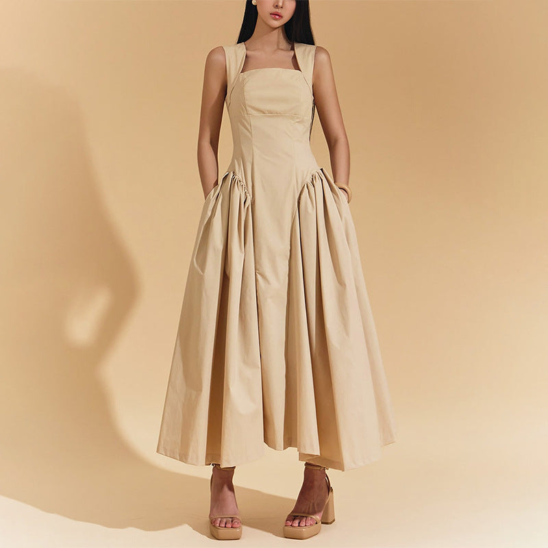 Retro Cami Dress Early Spring Solid Color Sleeveless Elegant Stitching Ruffled Dress Women