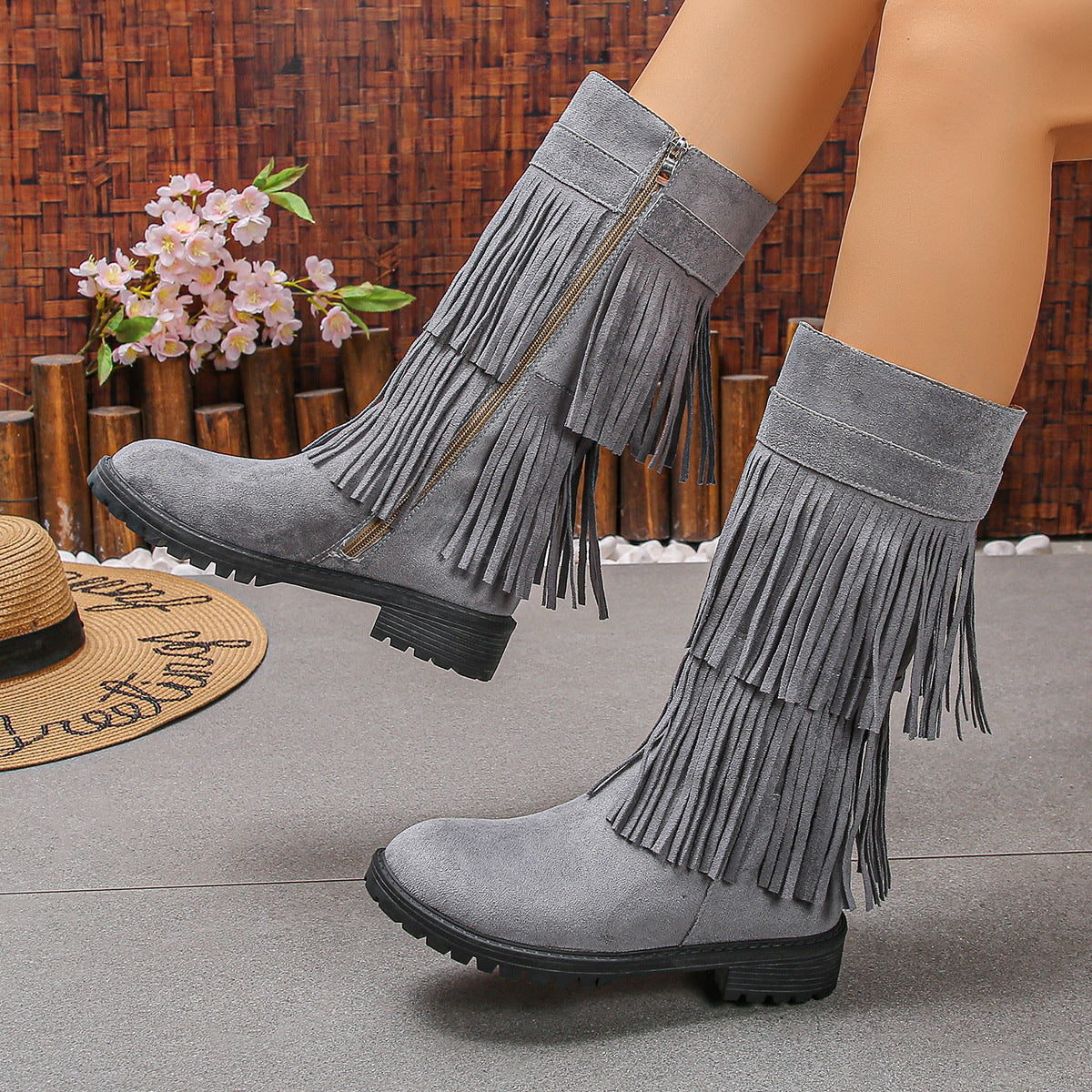 Suede Double Layer Tassel Boots Women Chunky Heel Side Zip High Tube Cowboy Boot
