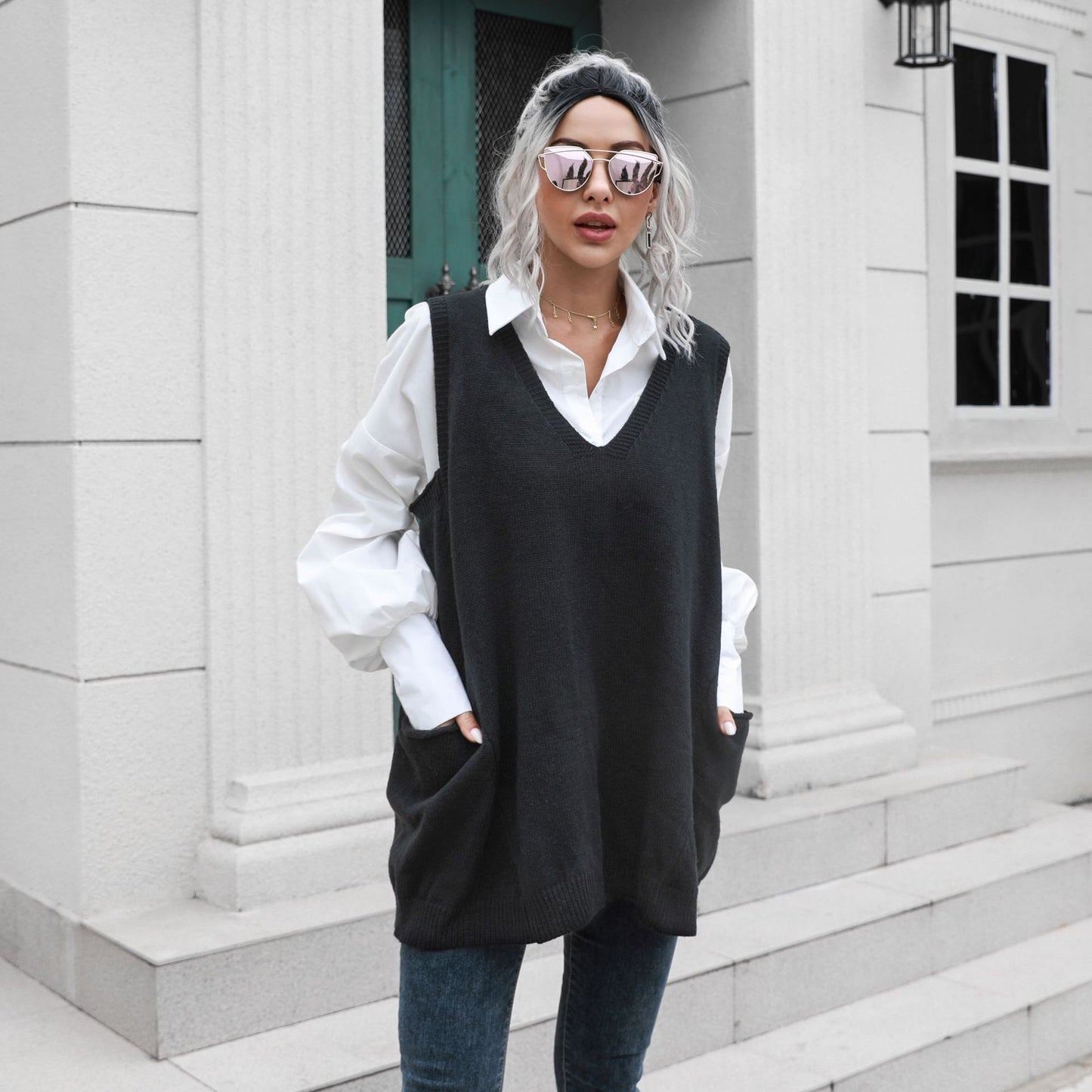 Pocket Large Swing V-neck Mid-Length Vest Sweater Women Loose-Fitting Waistcoat Outer Wear Inner Wear Autumn Winter