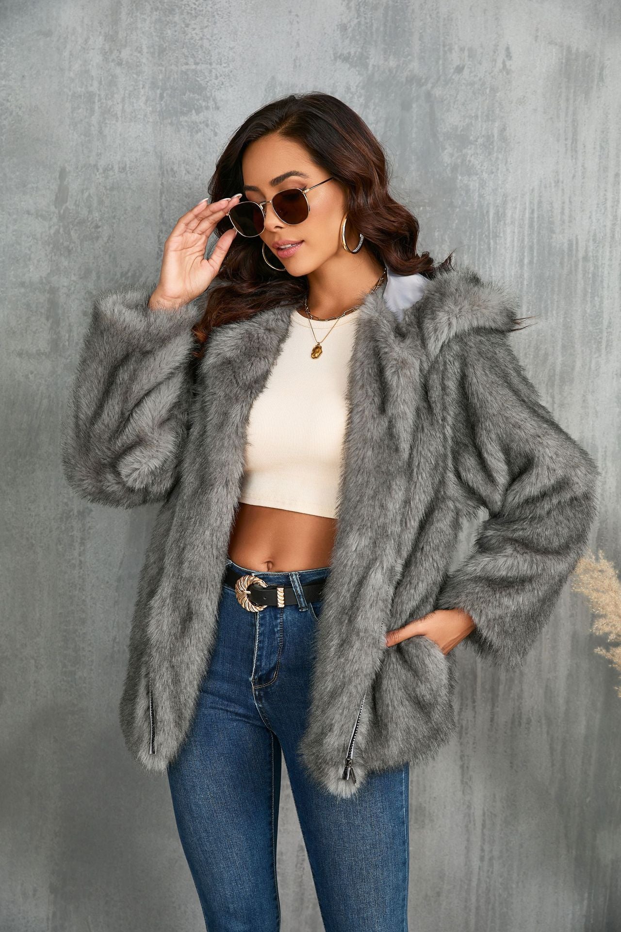 Faux Fur Coat Solid Color Loose Hooded Short Fur Collar Coat Winter Coat Warm Winter Clothing