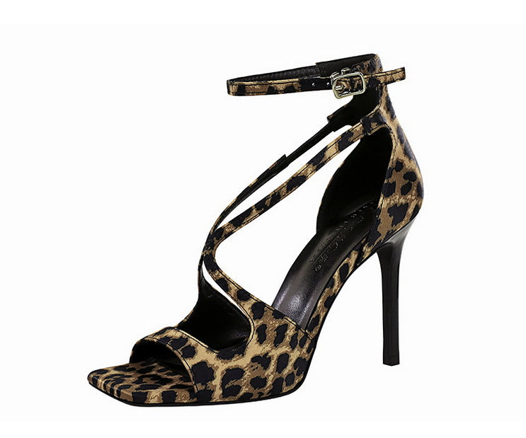 Cocktail Sexy Leopard Print Square Toe Suede Stiletto Women Shoes Hollow Out Cutout out Strap Super High Heel Sandals
