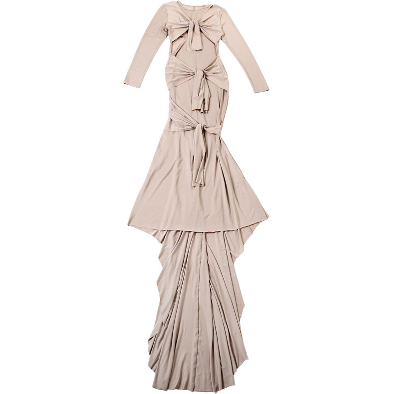 Summer Sexy Slim Hollow Out Cutout Long Sleeve Solid Color Elegant Dress Maxi Dress