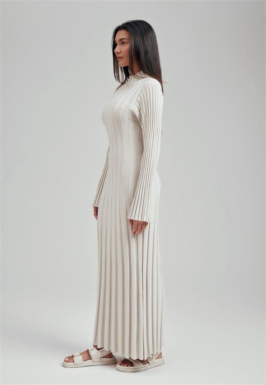 Autumn Winter Knitted Dress Casual Waist Tight round Neck Large Pit High Collar Slimming Knitted Maxi Dress for Women