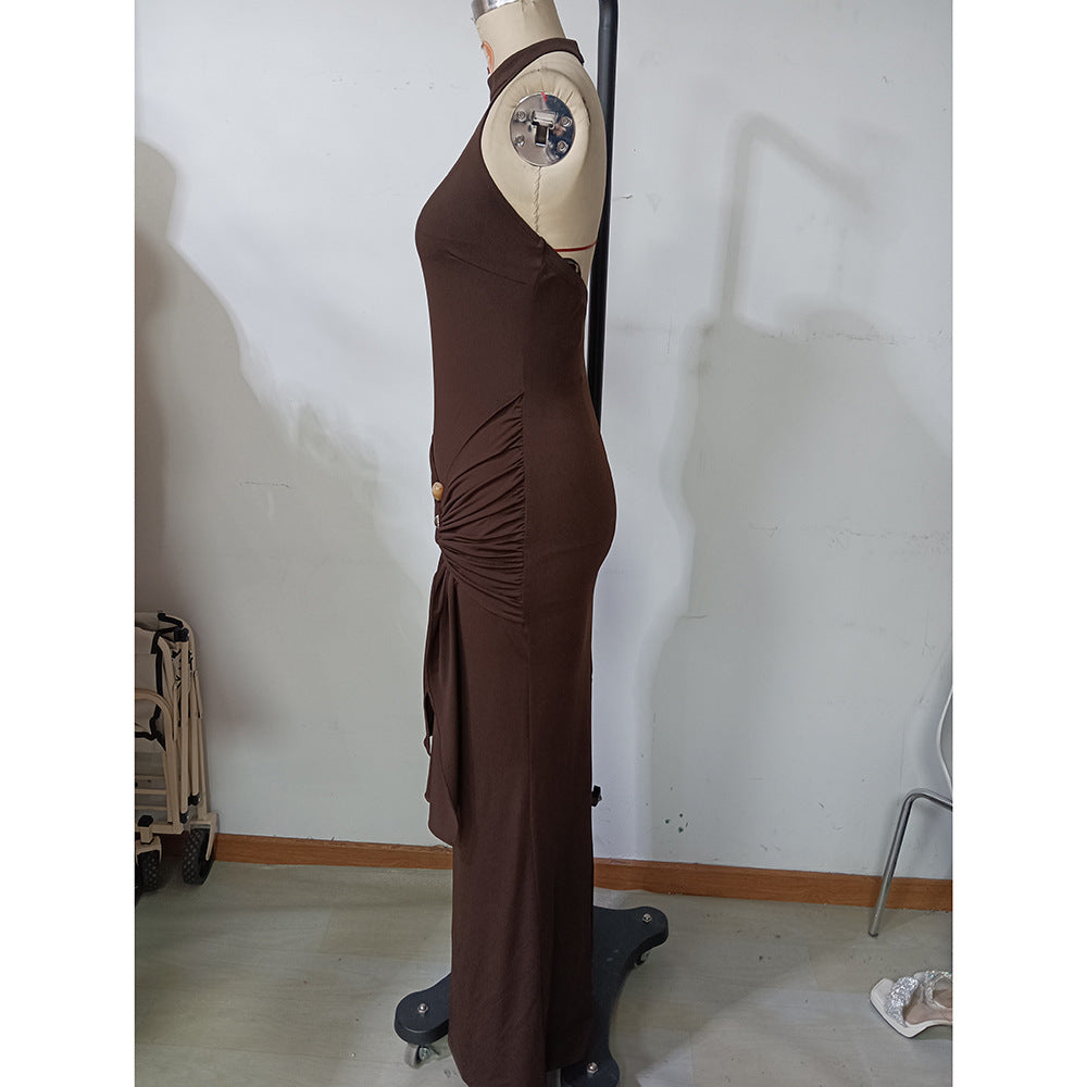 Women Solid Color Halter Sleeveless Dress Tied Slim Fit Sheath Dress Women