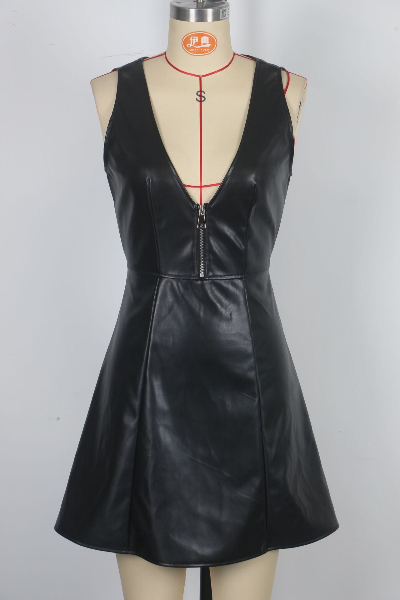 Women Skirt V neck Backless Sexy Dress A line Skirt Waist Tight Faux Leather Dress
