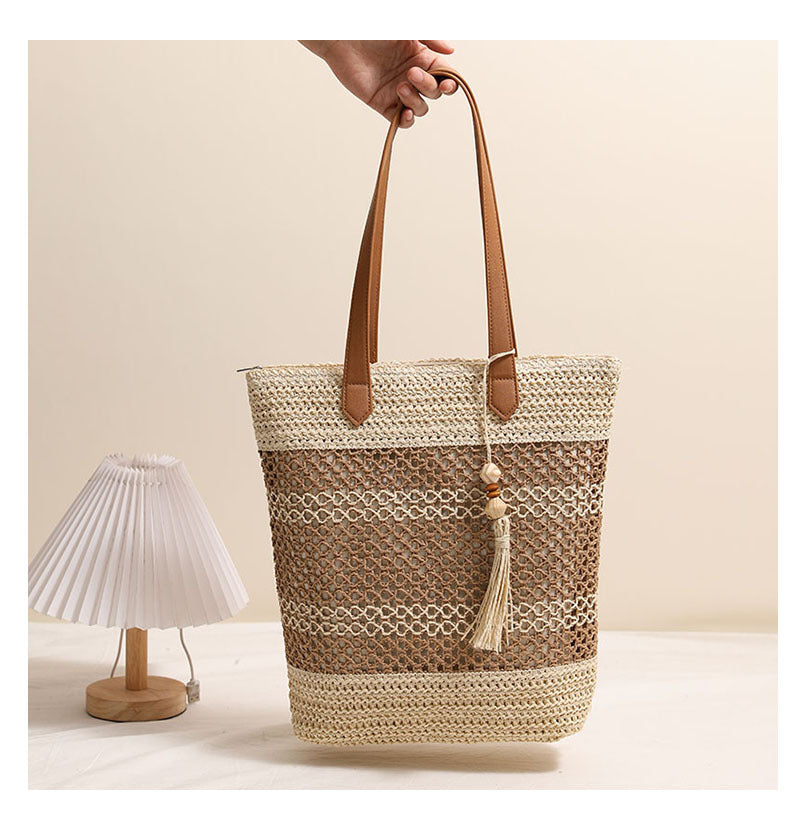 Tassel Shoulder Straw Bag Striped Hollow Out Cutout Straw Bag Woven Bag Vacation Beach Bag