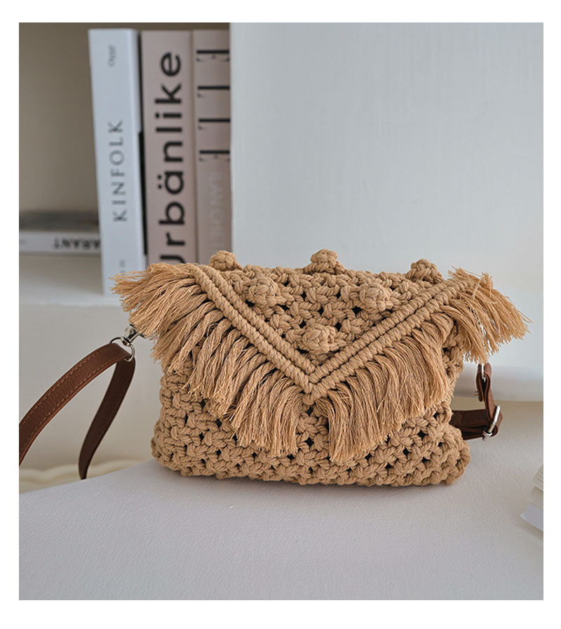 Beanie Crossbody Cotton Thread Woven Bag Women Tassel Bag Cover Shoulder Straw Bag Vacation Beach Bag