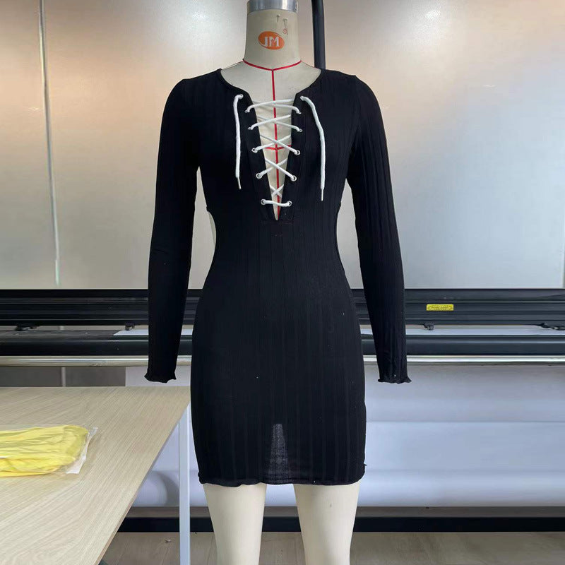 Sexy Women Wear Dress Long Sleeve Knitted Dress V neck Lace up Rib Mid Dress Hip Dress