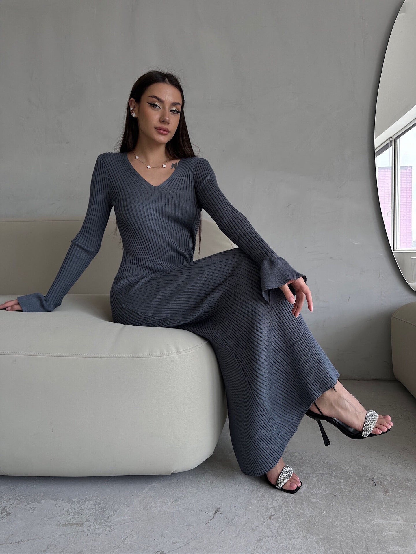 Long Sleeve V neck Tight Knitted Dress Solid Color Rib Fabric Wool Long Autumn Winter Dress