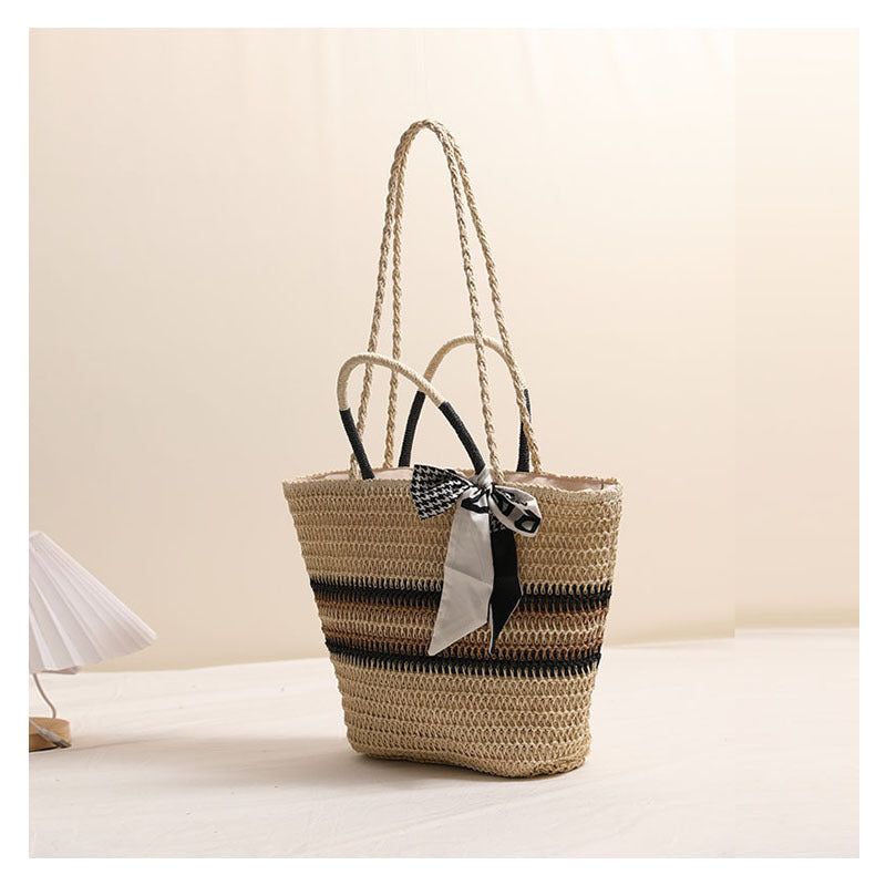 Striped Shoulder Straw Bag Silk Scarf Woven Tote Women Seaside Vacation Beach Bag