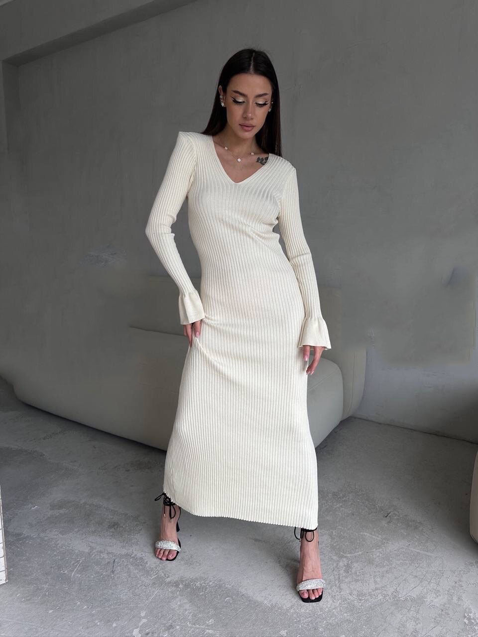 Long Sleeve V neck Tight Knitted Dress Solid Color Rib Fabric Wool Long Autumn Winter Dress
