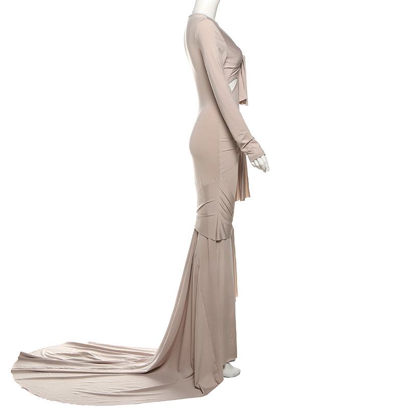 Summer Sexy Slim Hollow Out Cutout Long Sleeve Solid Color Elegant Dress Maxi Dress