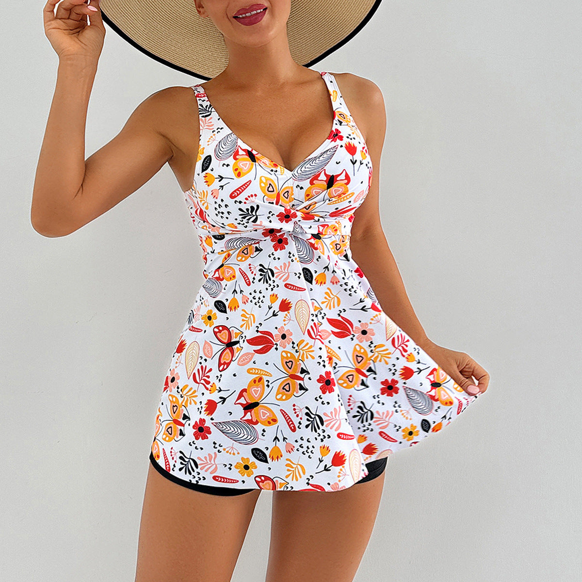 Lonkey Conservative Tankini Print Split Boxer High Waist Swimsuit Women Bikini
