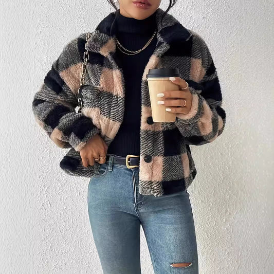 Popular Double Sided Plush Casual Check Pattren All Match Casual Jacket Women