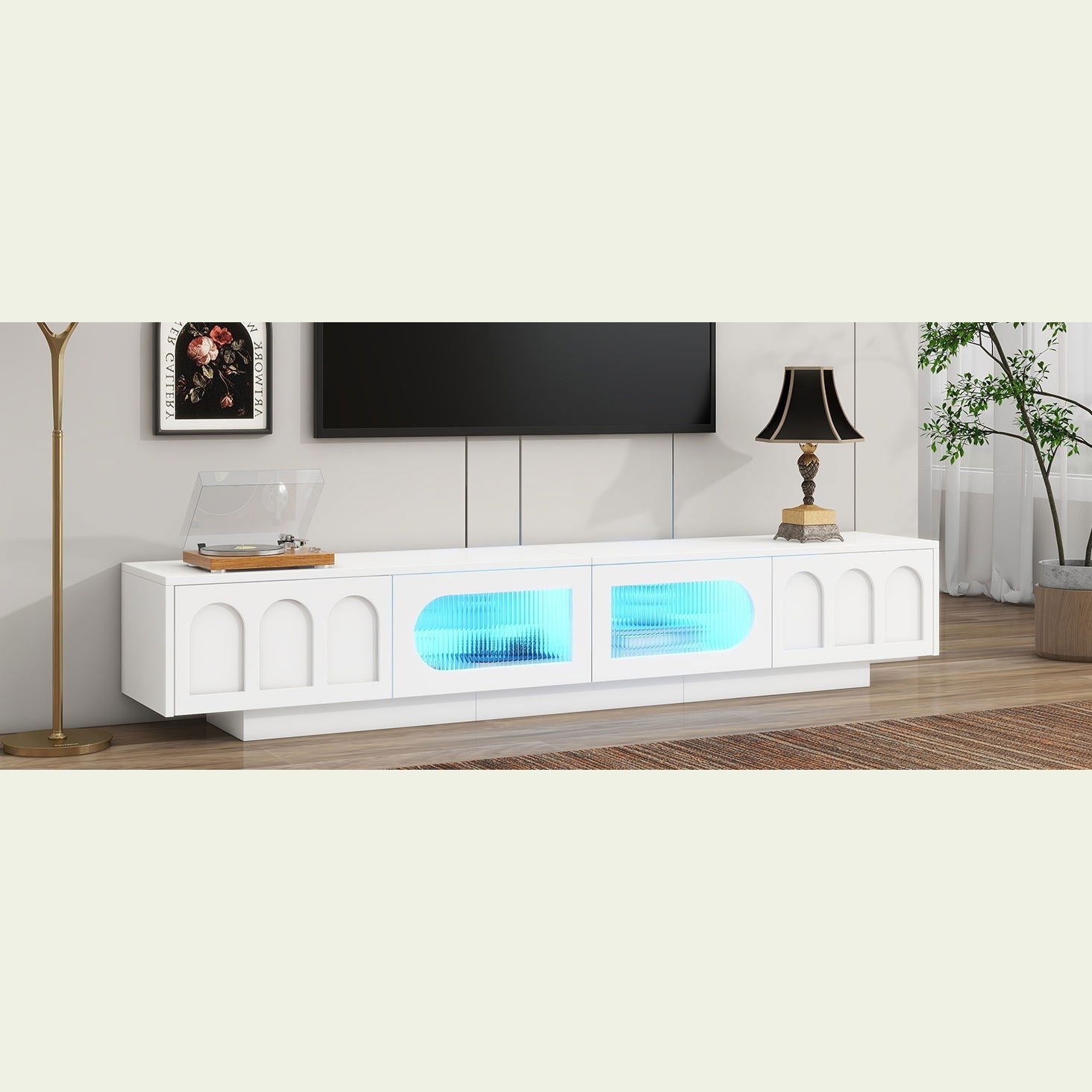 ON-TREND TV Stand with Fluted tempered Glass Doors for TVs Up to 95'', Functional Media Console with Arched Cabinet Doors, Entertainment Center with APP-Controlled LED Light for Living Room, White himalipasal