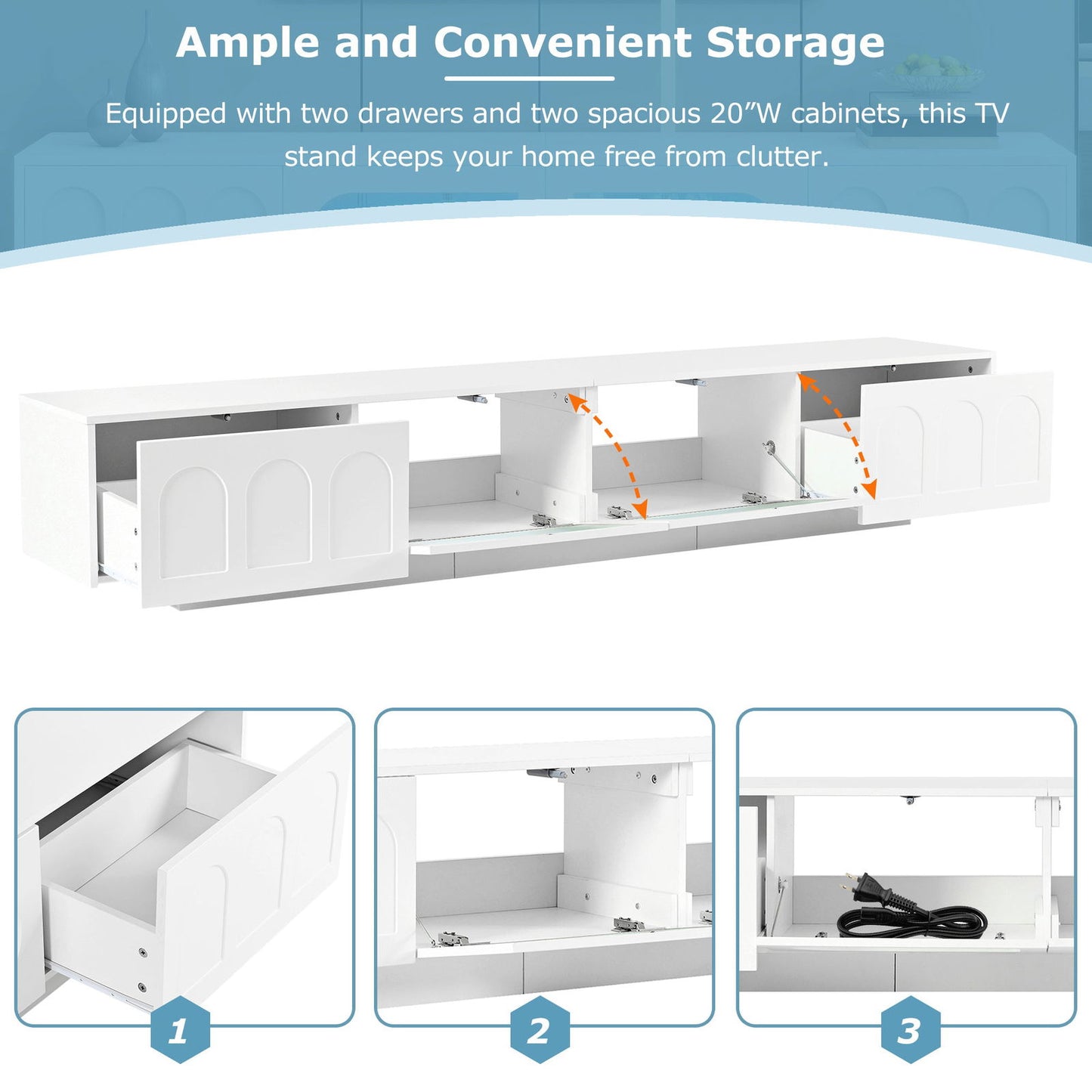 ON-TREND TV Stand with Fluted tempered Glass Doors for TVs Up to 95'', Functional Media Console with Arched Cabinet Doors, Entertainment Center with APP-Controlled LED Light for Living Room, White himalipasal