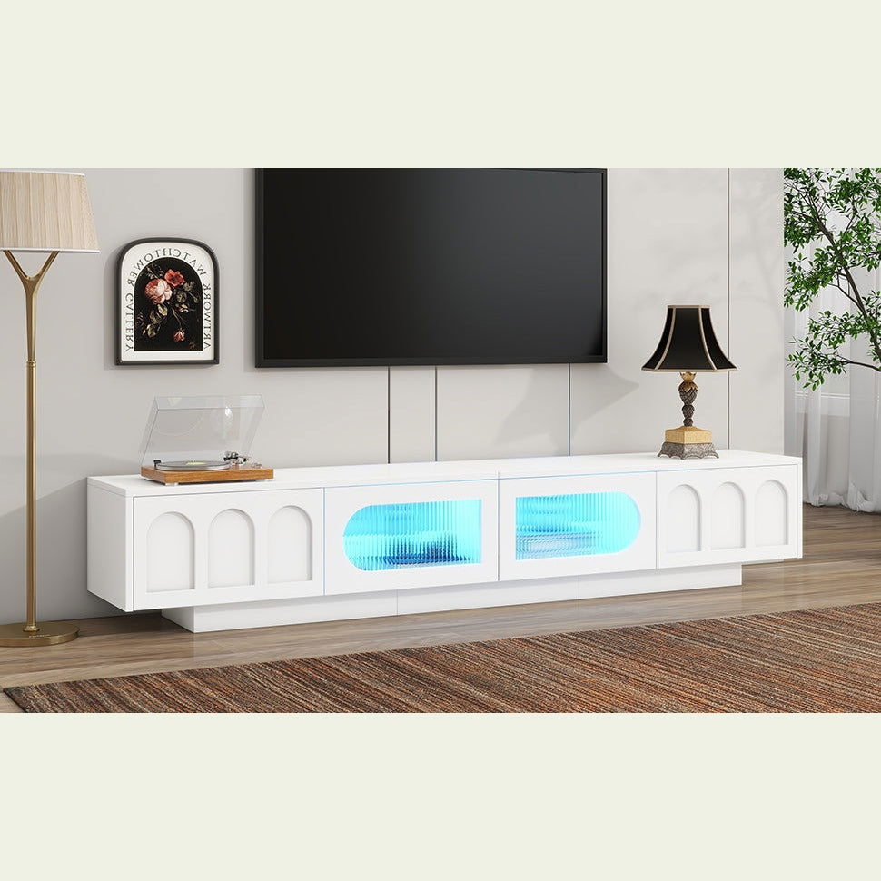 ON-TREND TV Stand with Fluted tempered Glass Doors for TVs Up to 95'', Functional Media Console with Arched Cabinet Doors, Entertainment Center with APP-Controlled LED Light for Living Room, White himalipasal