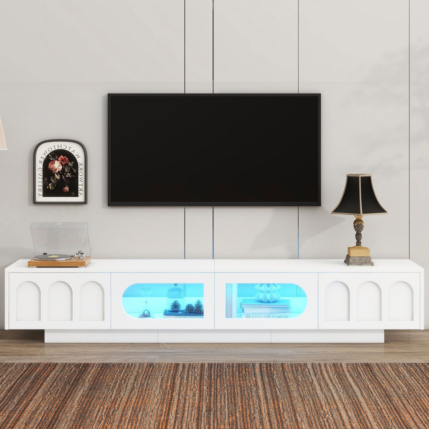 ON-TREND TV Stand with Fluted tempered Glass Doors for TVs Up to 95'', Functional Media Console with Arched Cabinet Doors, Entertainment Center with APP-Controlled LED Light for Living Room, White himalipasal