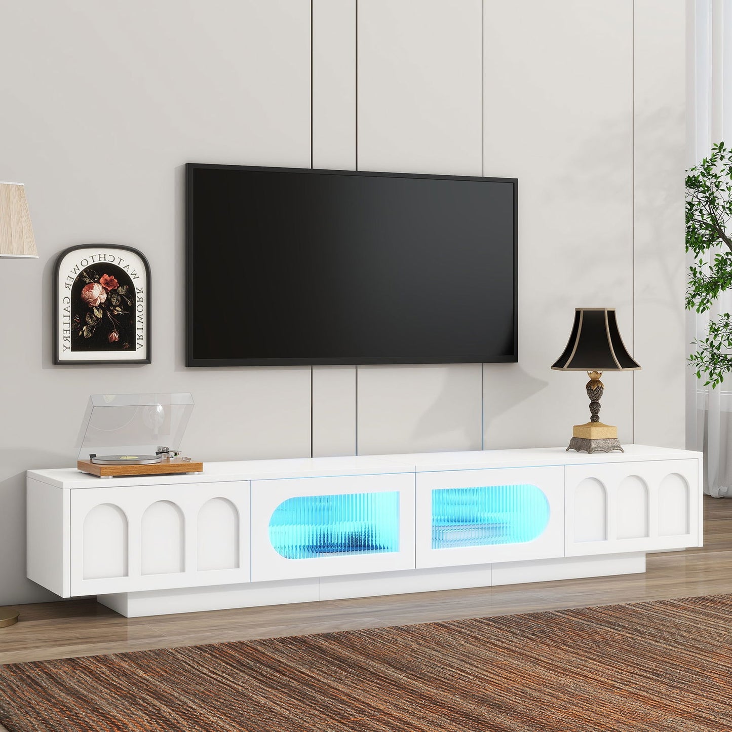 ON-TREND TV Stand with Fluted tempered Glass Doors for TVs Up to 95'', Functional Media Console with Arched Cabinet Doors, Entertainment Center with APP-Controlled LED Light for Living Room, White himalipasal