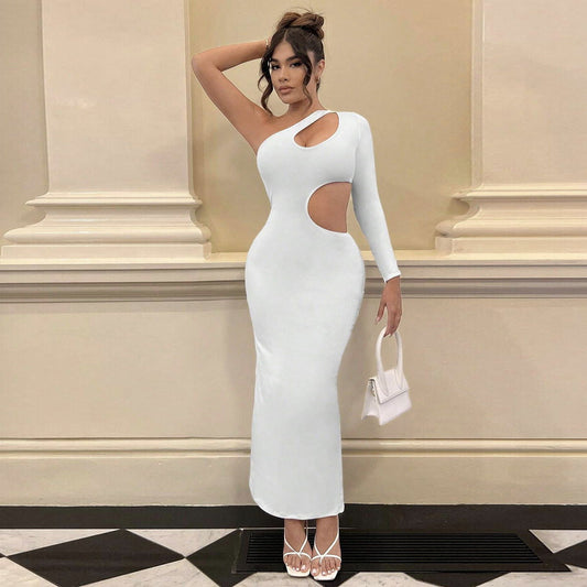 One Shoulder Diagonal Collar Long Sleeve Dress Fall Women Clothing Sexy Cutout Maxi Dress himalipasal