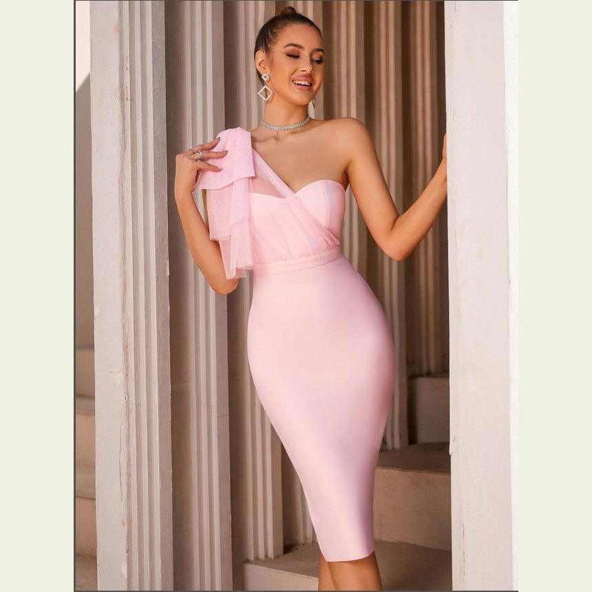 One Shoulder Mesh Fishtail Slim Slimming Dress Wedding Party Cocktail Small Dress himalipasal