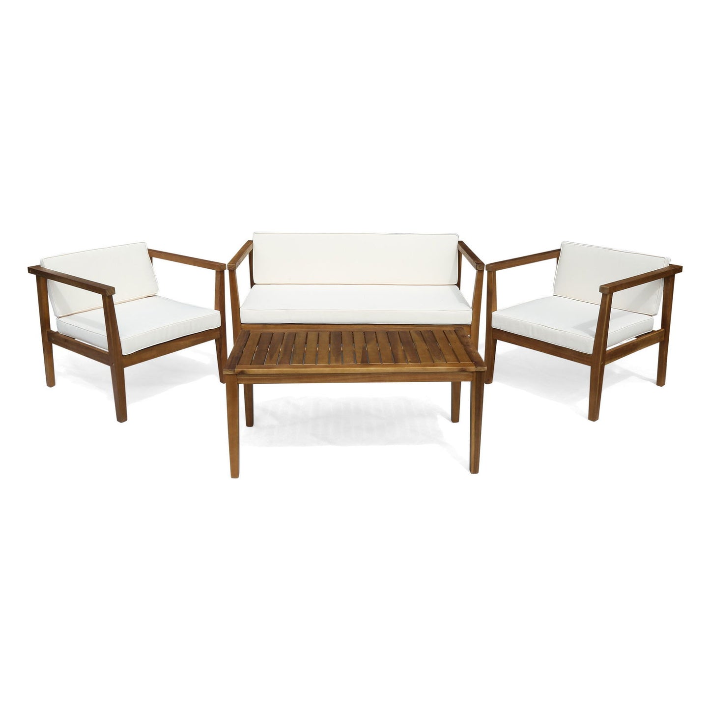 Outdoor 4-Seater Acacia Wood Chat Set with Coffee Table with Cushions, Teak and Beige himalipasal